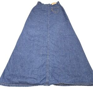 Vintage 70s Levis Denim Maxi Skirt Size 9 10 Blue Orange Tab Button Front USA